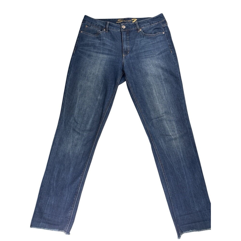 Seven7 Weekend Slim Fit Jeans Size 14‎ Dark Wash Blue Denim Raw Hem Coastal